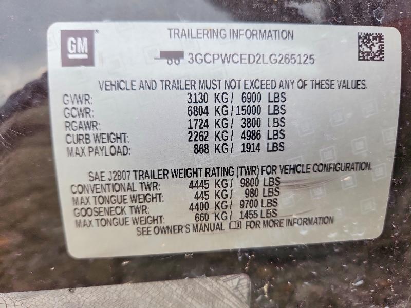 93038125 :رقم المزاد ، 3GCPWCED2LG265125 vin ، 2020 Chevrolet Silverado مزاد بيع