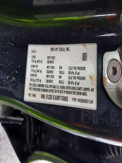 Aukcja sprzedaży 2024 Tesla Model 3, vin: 5YJ3E1EA6RF743685, numer aukcji: 77827225