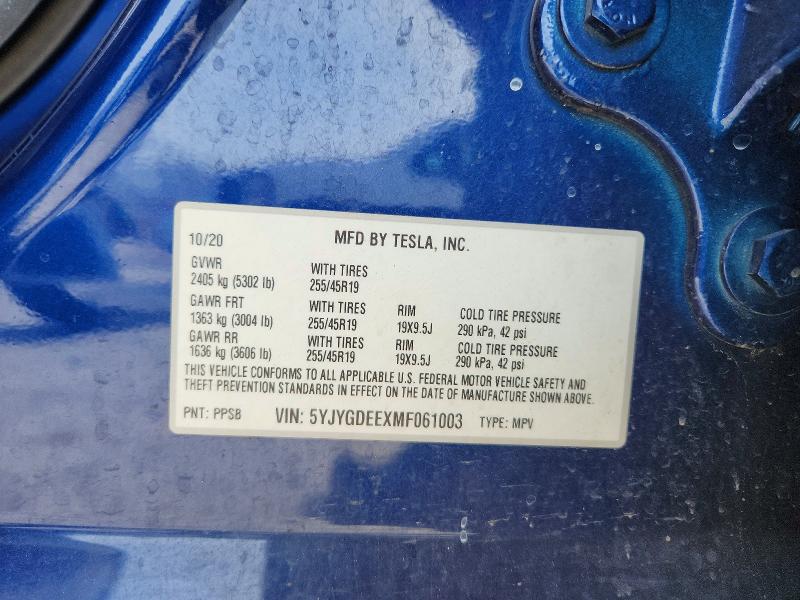 79100285 :رقم المزاد ، 5YJYGDEEXMF061003 vin ، 2021 Tesla Model Y مزاد بيع