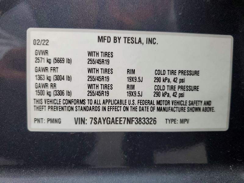 Продажа на аукционе авто 2022 Tesla Model Y, vin: 7SAYGAEE7NF383326, номер лота: 76726095