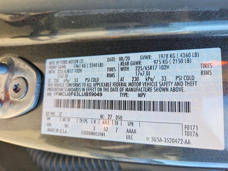 Продажа на аукционе авто 2020 Ford Escape, vin: 1FMCU0F63LUB59049, номер лота: 76411455