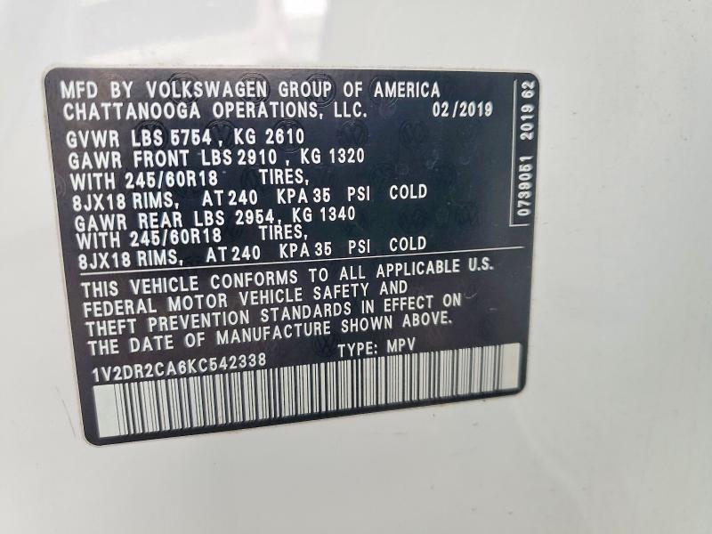 Продажа на аукционе авто 2019 Volkswagen Atlas, vin: 1V2DR2CA6KC542338, номер лота: 78823945
