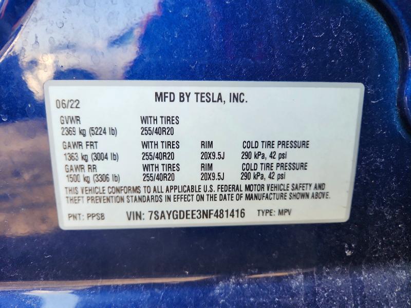 Aukcja sprzedaży 2022 Tesla Model Y, vin: 7SAYGDEE3NF481416, numer aukcji: 76409785