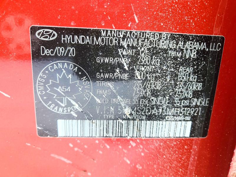 Aukcja sprzedaży 2021 Hyundai Santa Fe, vin: 5NMS2DAJ3MH312921, numer aukcji: 76615455