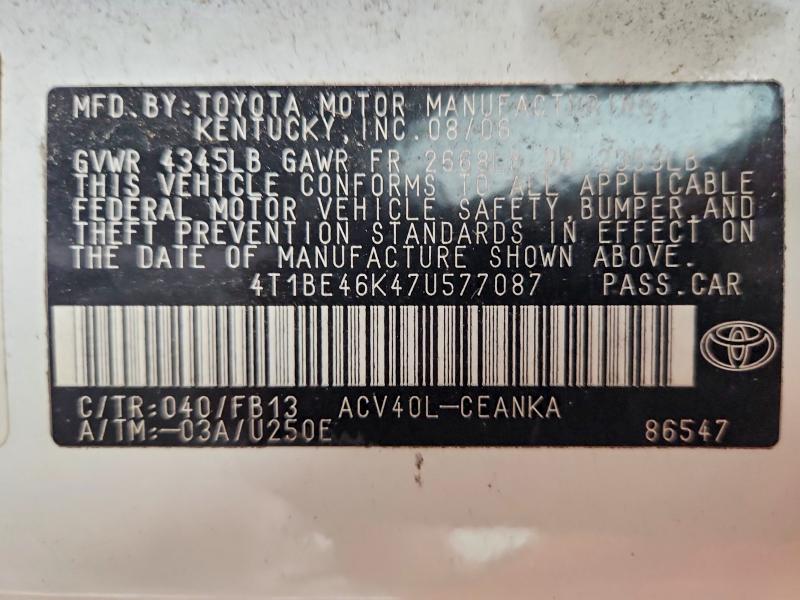 Продаж на аукціоні авто 2007 Toyota Camry, vin: 4T1BE46K47U577087, номер лоту: 72391535