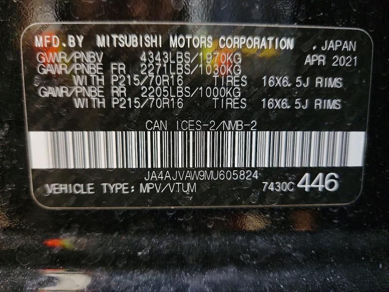 77203515 :رقم المزاد ، JA4AJVAW9MU605824 vin ، 2021 Mitsubishi Rvr مزاد بيع