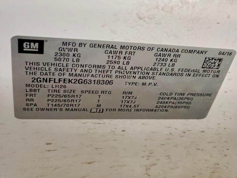 Aukcja sprzedaży 2016 Chevrolet Equinox, vin: 2GNFLFEK2G6318306, numer aukcji: 77516525