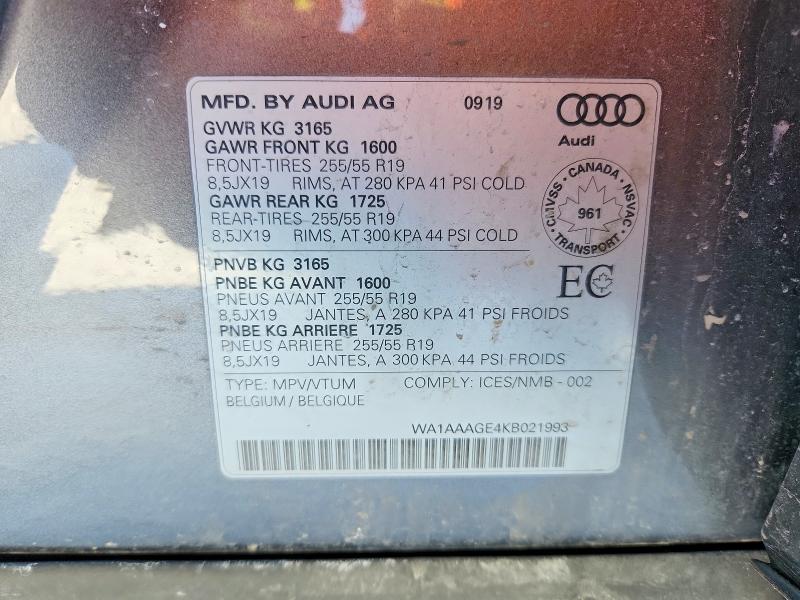 76062435 :رقم المزاد ، WA1AAAGE4KB021993 vin ، 2019 Audi E-tron مزاد بيع