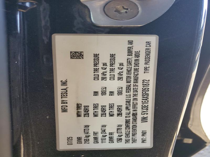 Продаж на аукціоні авто 2025 Tesla Model 3, vin: 5YJ3E1EAXSF051872, номер лоту: 78723925