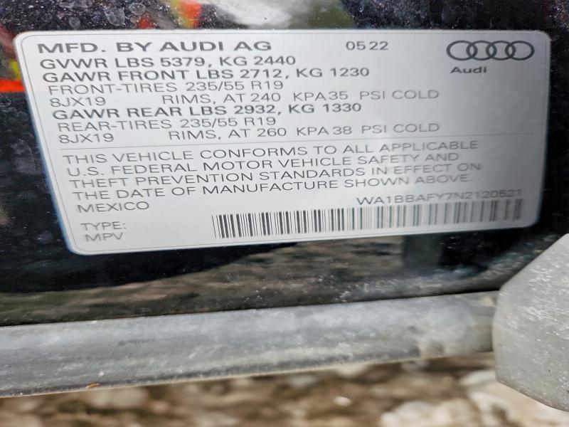 2022 Audi Q5 მანქანა იყიდება აუქციონზე, vin: WA1BBAFY7N2120521, აუქციონის ნომერი: 74505675