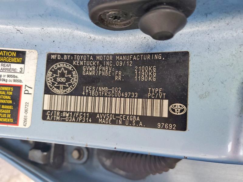 2012 Toyota Camry მანქანა იყიდება აუქციონზე, vin: 4T1BD1FK5CU049733, აუქციონის ნომერი: 77698785