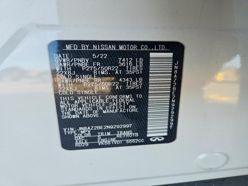 Auction sale of the 2022 Infiniti Qx80, vin: JN8AZ2BE2N9292997, lot number: 77339675