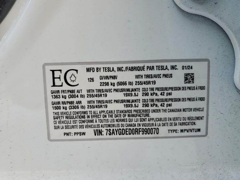 2024 Tesla Model Y მანქანა იყიდება აუქციონზე, vin: 7SAYGDED0RF990070, აუქციონის ნომერი: 73662275