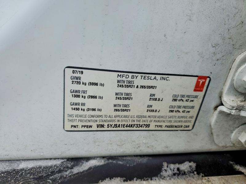 75348205 :رقم المزاد ، 5YJSA1E44KF334799 vin ، 2019 Tesla Model S مزاد بيع