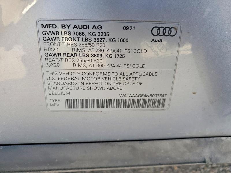 2022 Audi E-tron მანქანა იყიდება აუქციონზე, vin: WA1AAAGE4NB007547, აუქციონის ნომერი: 78201465