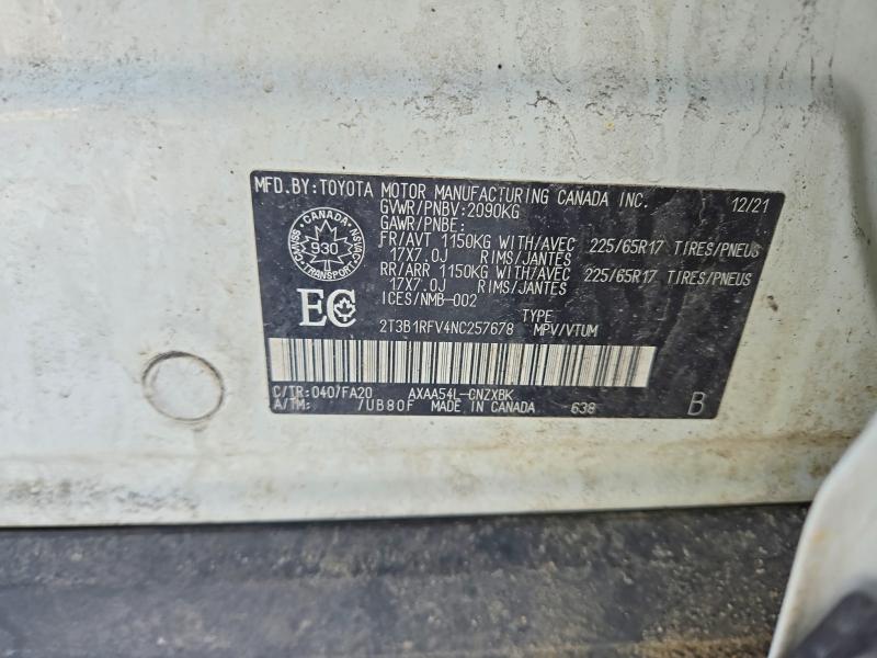 Продаж на аукціоні авто 2022 Toyota Rav4, vin: 2T3B1RFV4NC257678, номер лоту: 74245095