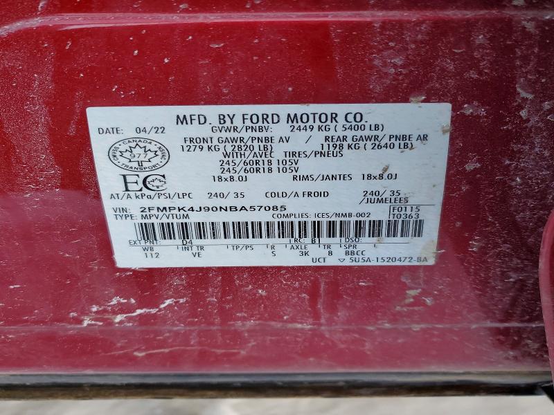 75941265 :رقم المزاد ، 2FMPK4J90NBA57085 vin ، 2022 Ford Edge مزاد بيع