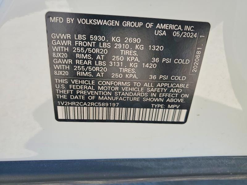 Продажа на аукционе авто 2024 Volkswagen Atlas, vin: 1V2HR2CA2RC589197, номер лота: 78840985