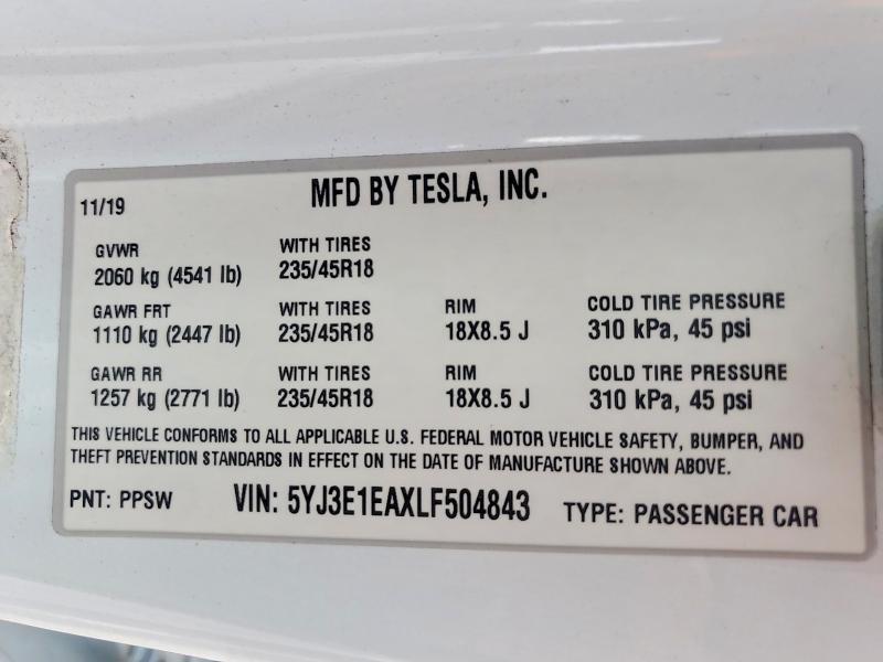 2020 Tesla Model 3 მანქანა იყიდება აუქციონზე, vin: 5YJ3E1EAXLF504843, აუქციონის ნომერი: 77563445