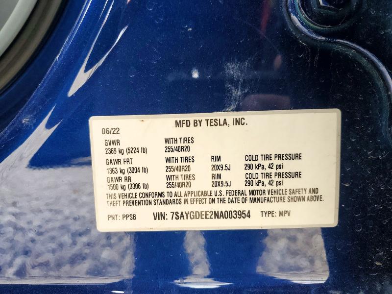 Продаж на аукціоні авто 2022 Tesla Model Y, vin: 7SAYGDEE2NA003954, номер лоту: 75608185