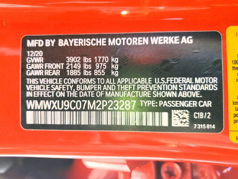 Продажа на аукционе авто 2021 Mini Cooper, vin: WMWXU9C07M2P23287, номер лота: 78545995