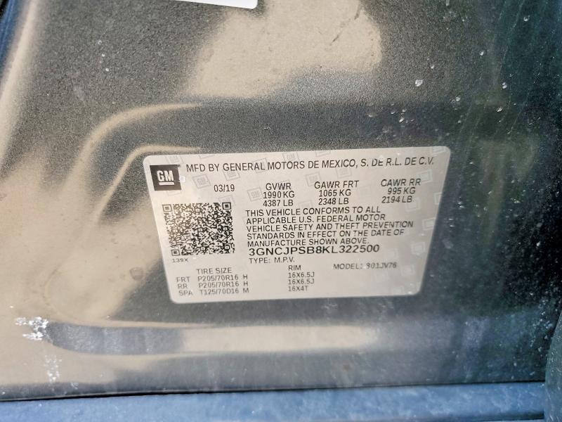 Aukcja sprzedaży 2019 Chevrolet Trax, vin: 3GNCJPSB8KL322500, numer aukcji: 76800875