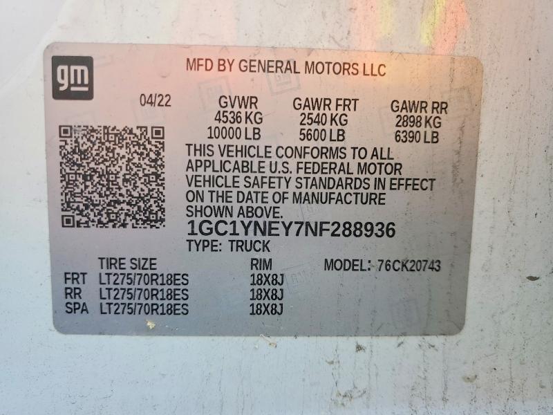 78643935 :رقم المزاد ، 1GC1YNEY7NF288936 vin ، 2022 Chevrolet Silverado مزاد بيع