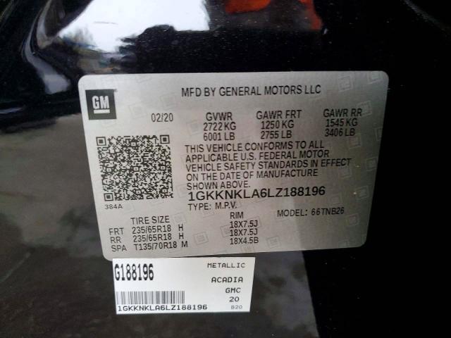 Продаж на аукціоні авто 2020 Gmc Acadia Sle, vin: 1GKKNKLA6LZ188196, номер лоту: 76290035