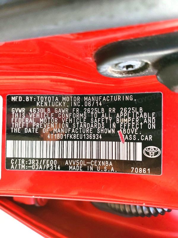 76653855 :رقم المزاد ، 4T1BD1FK8EU136934 vin ، 2014 Toyota Camry Hybr مزاد بيع