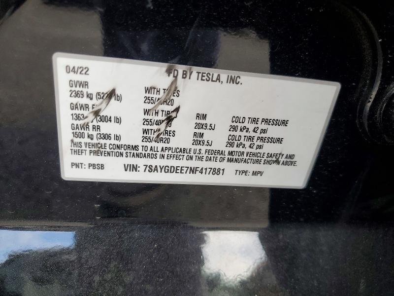 75783575 :رقم المزاد ، 7SAYGDEE7NF417881 vin ، 2022 Tesla Model Y مزاد بيع