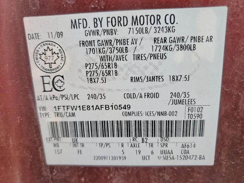 Продажа на аукционе авто 2010 Ford F150, vin: 1FTFW1E81AFB10549, номер лота: 78124735