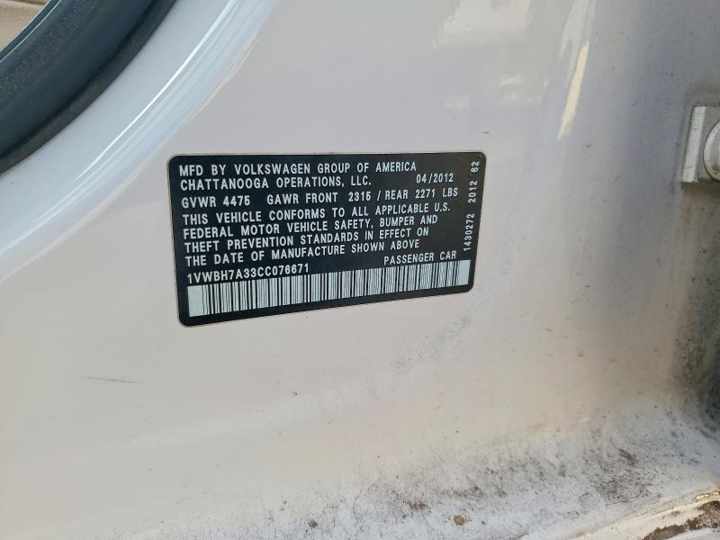 Aukcja sprzedaży 2012 Volkswagen Passat, vin: 1VWBH7A33CC076671, numer aukcji: 77713905