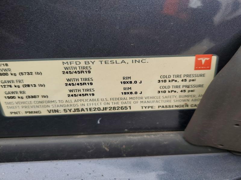 2018 Tesla Model S მანქანა იყიდება აუქციონზე, vin: 5YJSA1E20JF282651, აუქციონის ნომერი: 76983835