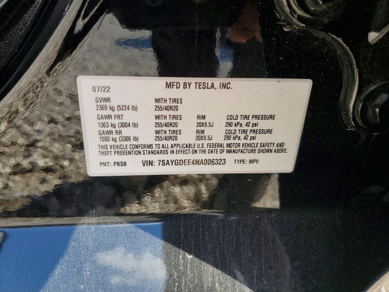 76796005 :رقم المزاد ، 7SAYGDEE4NA006323 vin ، 2022 Tesla Model Y مزاد بيع