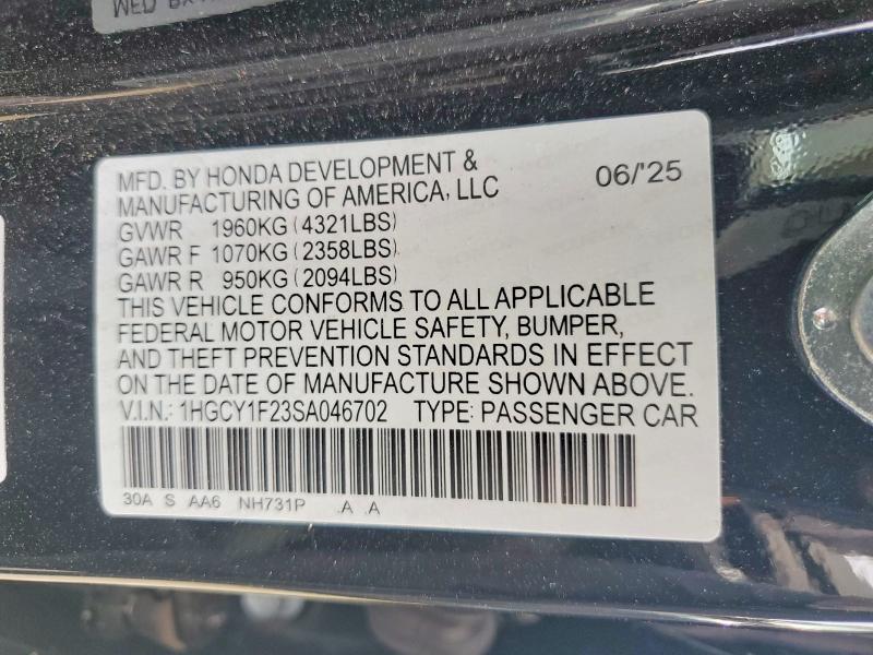 76839455 :رقم المزاد ، 1HGCY1F23SA046702 vin ، 2025 Honda Accord مزاد بيع