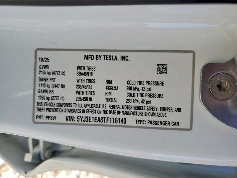 2026 Tesla Model 3 მანქანა იყიდება აუქციონზე, vin: 5YJ3E1EA8TF116140, აუქციონის ნომერი: 75793155