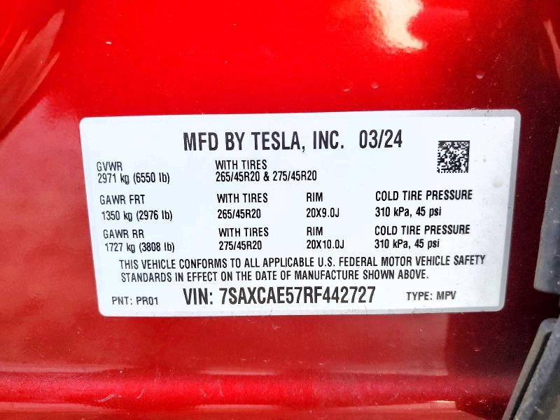 76989025 :رقم المزاد ، 7SAXCAE57RF442727 vin ، 2024 Tesla Model X مزاد بيع