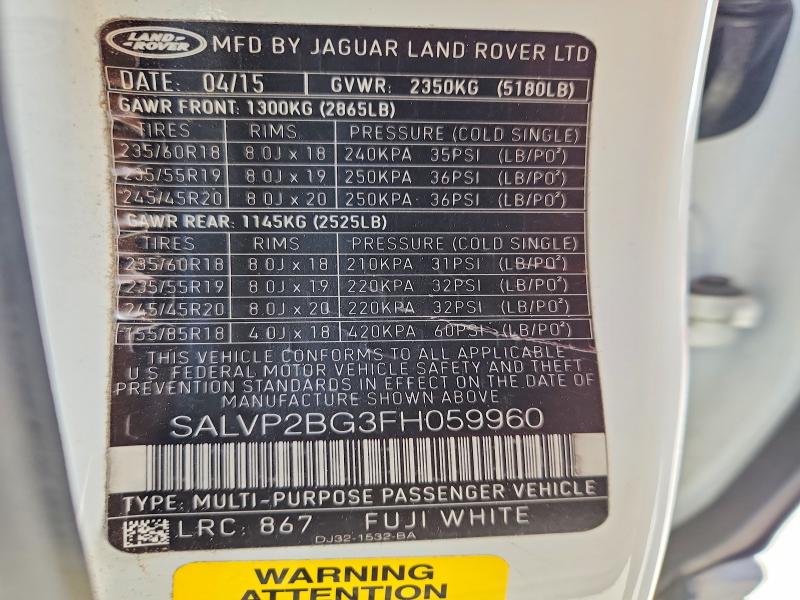 Aukcja sprzedaży 2015 Land Rover Range Rover Evoque, vin: SALVP2BG3FH059960, numer aukcji: 77780215