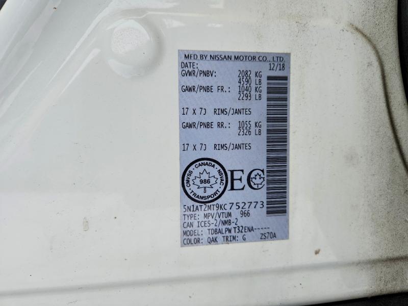 75491685 :رقم المزاد ، 5N1AT2MT9KC752773 vin ، 2019 Nissan Rogue S مزاد بيع