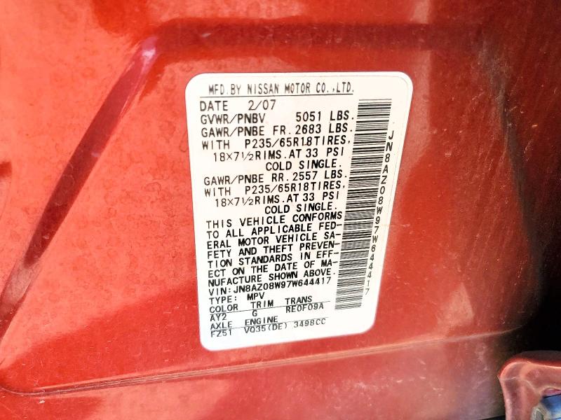 Продажа на аукционе авто 2007 Nissan Murano, vin: JN8AZ08W97W644417, номер лота: 78543935