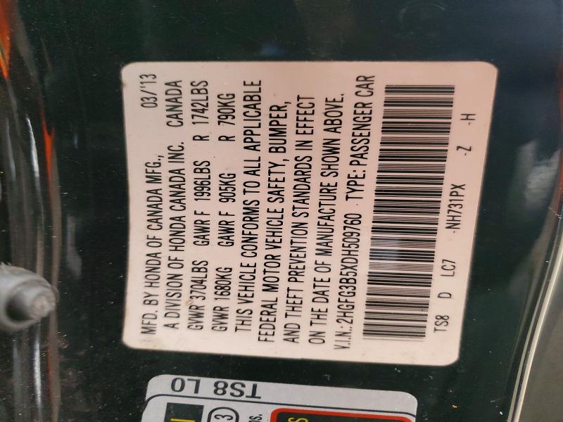 77906625 :رقم المزاد ، 2HGFG3B5XDH509760 vin ، 2013 Honda Civic مزاد بيع