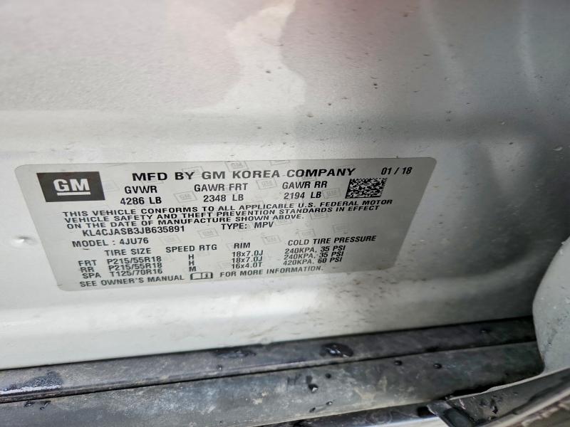2018 Buick Encore მანქანა იყიდება აუქციონზე, vin: KL4CJASB3JB635891, აუქციონის ნომერი: 75448335