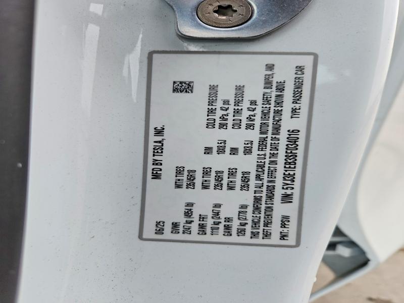 75208285 :رقم المزاد ، 5YJ3E1EB3SF034016 vin ، 2025 Tesla Model 3 مزاد بيع