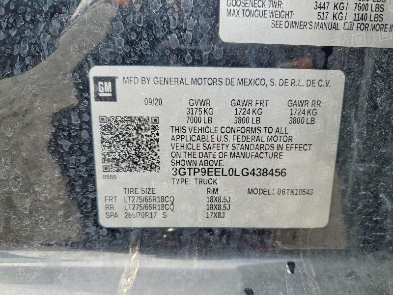 Aukcja sprzedaży 2020 Gmc Sierra, vin: 3GTP9EEL0LG438456, numer aukcji: 78530665