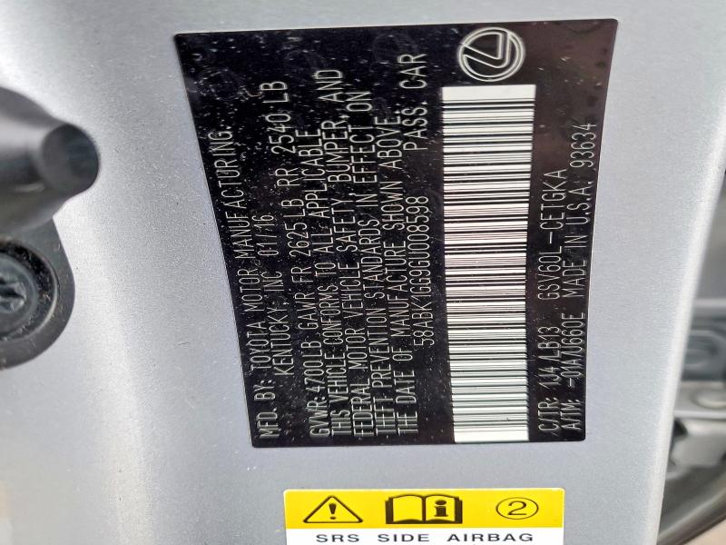 Продажа на аукционе авто 2016 Lexus Es, vin: 58ABK1GG9GU008598, номер лота: 78221395