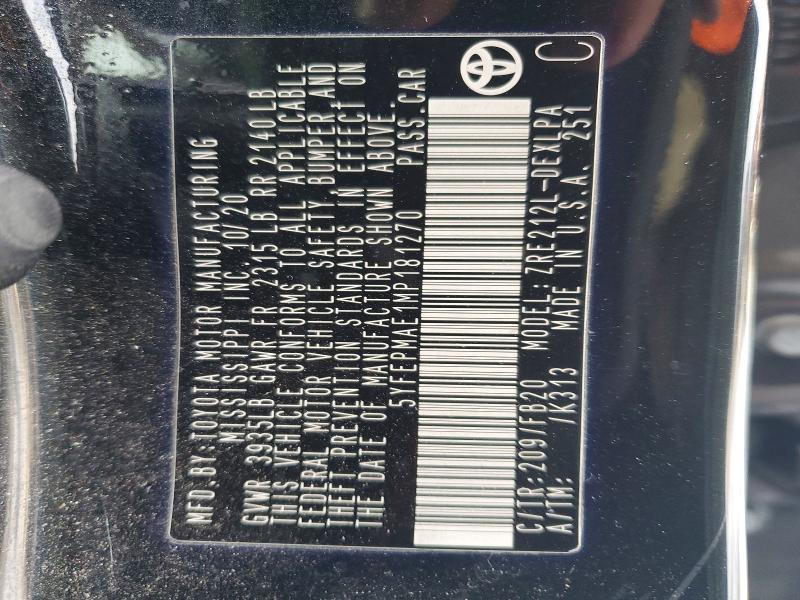 Aukcja sprzedaży 2021 Toyota Corolla, vin: 5YFEPMAE1MP181270, numer aukcji: 75871405