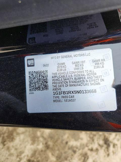 2022 Chevrolet Camaro მანქანა იყიდება აუქციონზე, vin: 1G1FB1RX5N0133668, აუქციონის ნომერი: 76464005