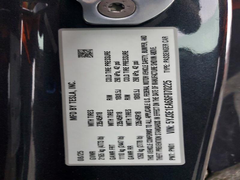 Продаж на аукціоні авто 2025 Tesla Model 3, vin: 5YJ3E1EA6SF070225, номер лоту: 76204805