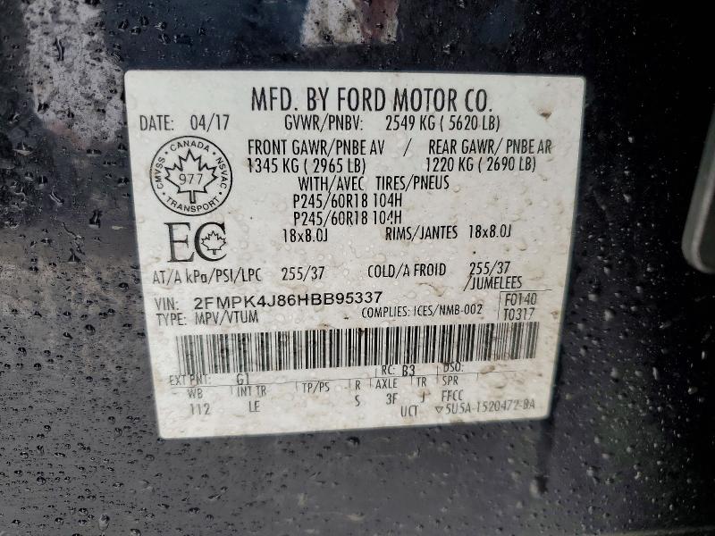 76009655 :رقم المزاد ، 2FMPK4J86HBB95337 vin ، 2017 Ford Edge مزاد بيع