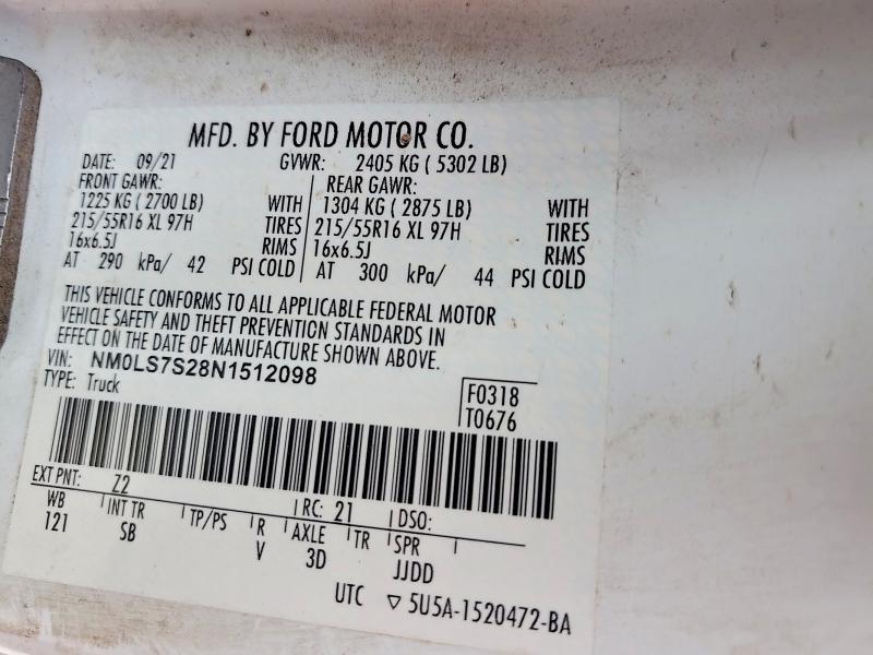 75890675 :رقم المزاد ، NM0LS7S28N1512098 vin ، 2022 Ford Transit Connect مزاد بيع